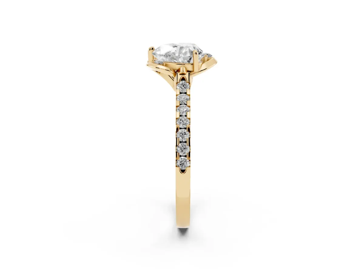 Heart Cut Diamond Ring with Pavé Band and Floral Prong Setting Yellow gold
