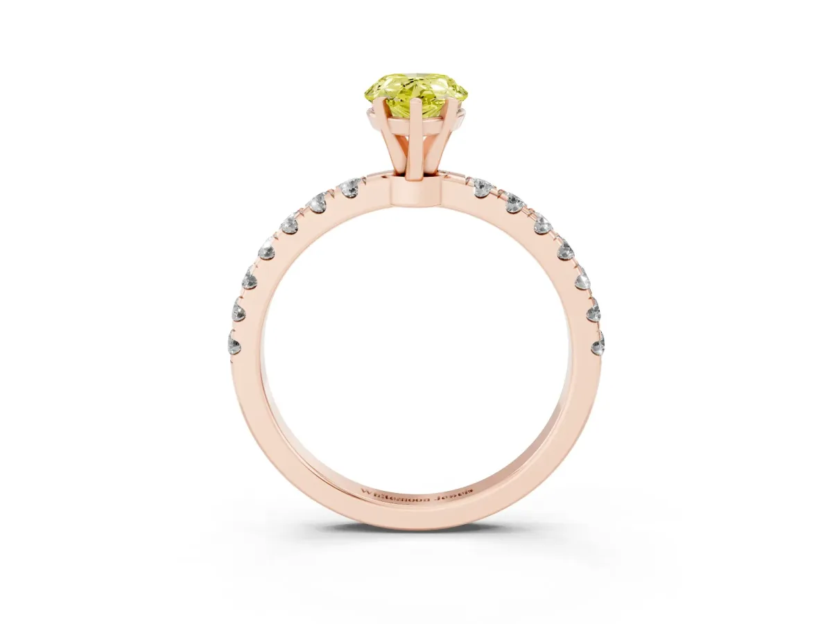 Fancy Yellow Pear Cut Diamond Solitaire Ring with Pavé Accents and Four-Prong Setting Rose gold