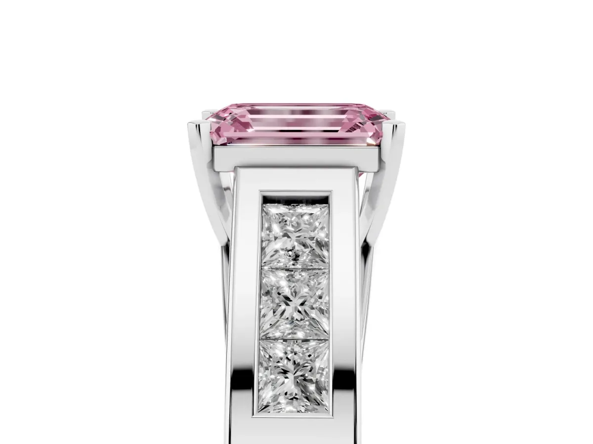 Fancy Pink Emerald Cut Cut Channel Set Solitaire Ring with Four-Prong Setting Platinum