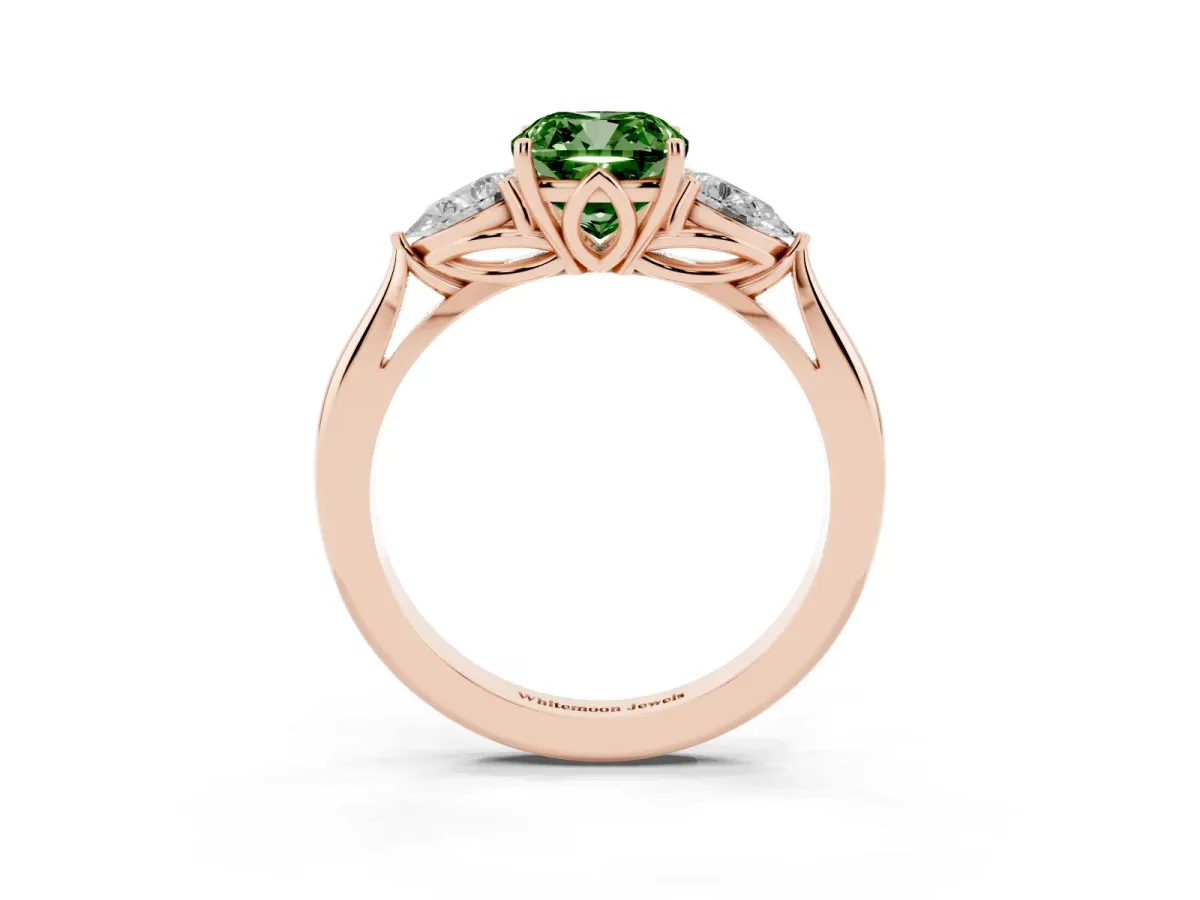 Fancy Green Three-Stone Cushion Cut Brilliant Diamond Solitaire Ring with Tapered Band and Four-Prong Setting Rose gold
