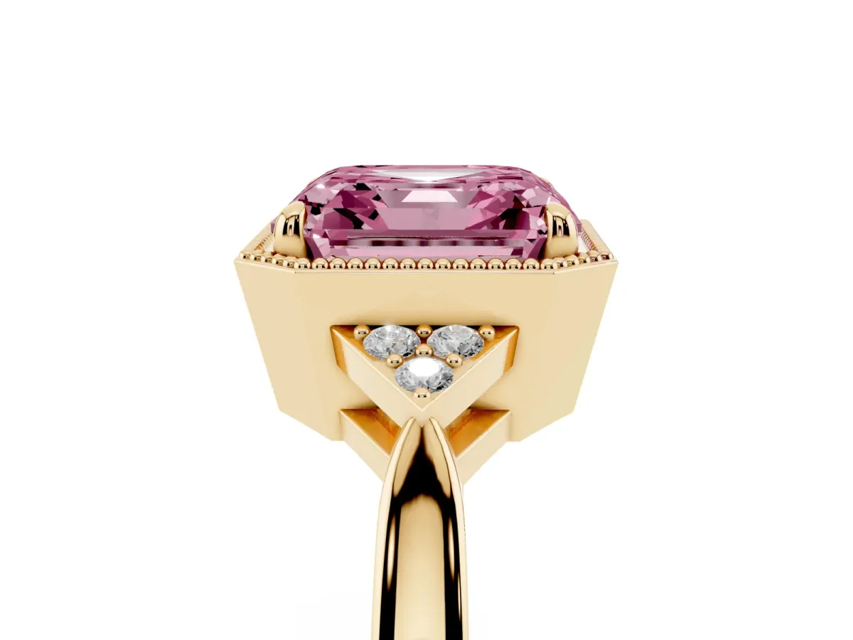 Fancy Pink Hexagonal Halo Asscher Cut Diamond Solitaire with Pavé Band and Four-Prong Setting Yellow gold