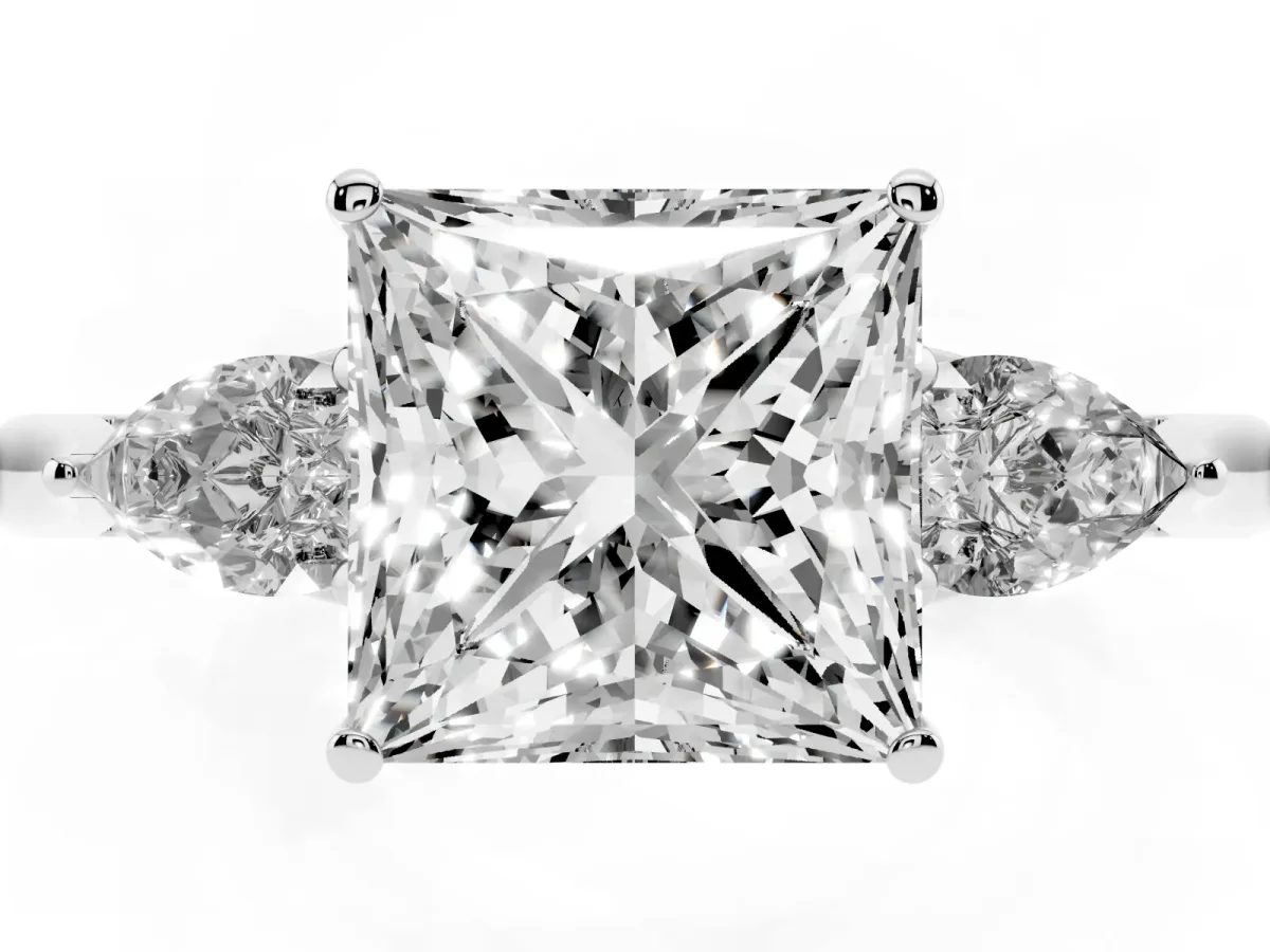 Princess Cut Diamond Three-Stone Ring with Pear Side Stones and Prong Setting Platinum