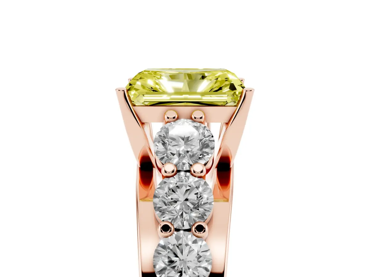 Fancy Yellow Radiant Cut Diamond Engagement Ring with Pavé Band and Four-Prong Setting Rose gold
