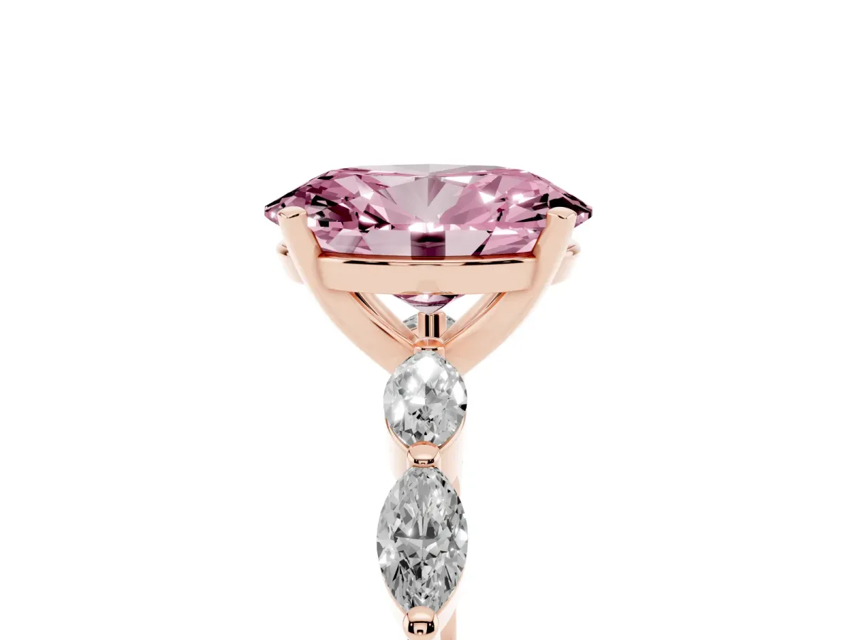 Fancy Pink Oval Cut Diamond Ring with Marquise Side Stones and Prong Setting Rose gold