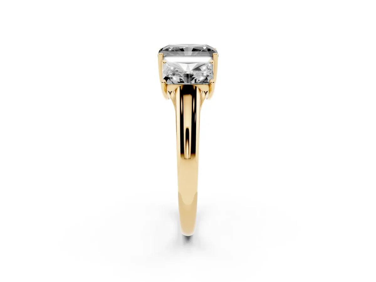 Fancy Black Three-Stone Radiant Cut Diamond Engagement Ring with Prong Setting Yellow gold
