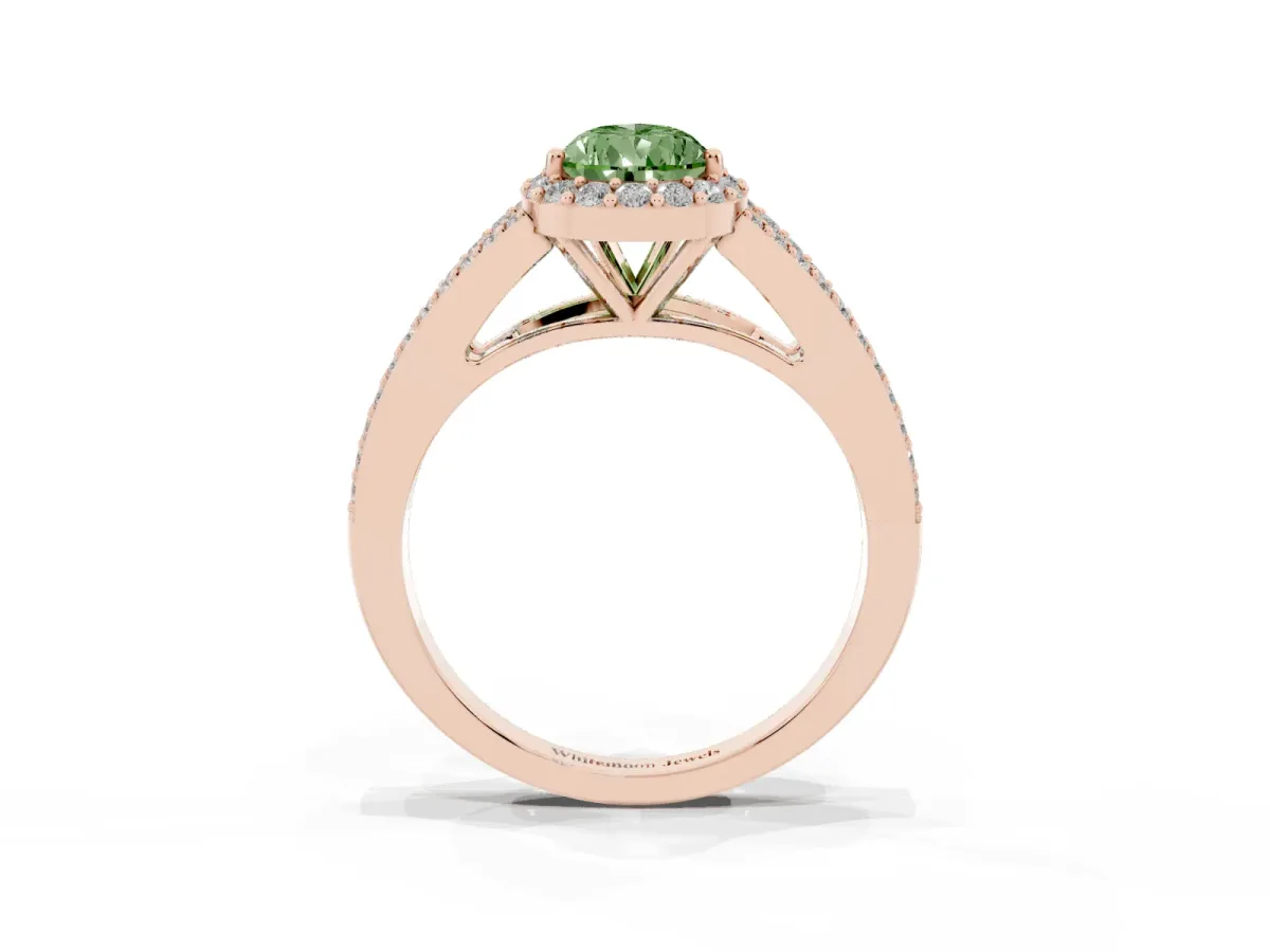 Fancy Green Pear Cut Halo Split Shank Diamond Ring with Prong Setting Rose gold