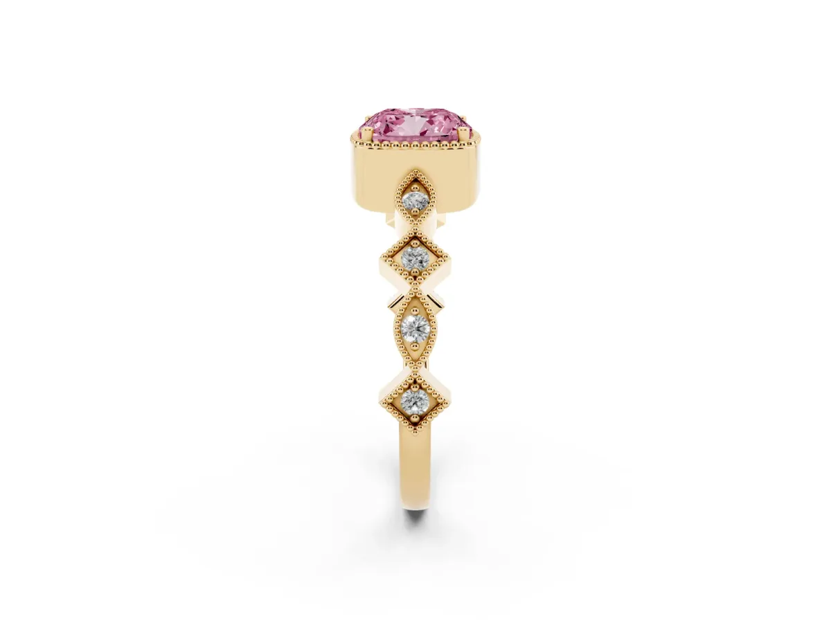 Fancy Pink Cushion Cut Milgrain Marquise Diamond Twist Band Ring Yellow gold