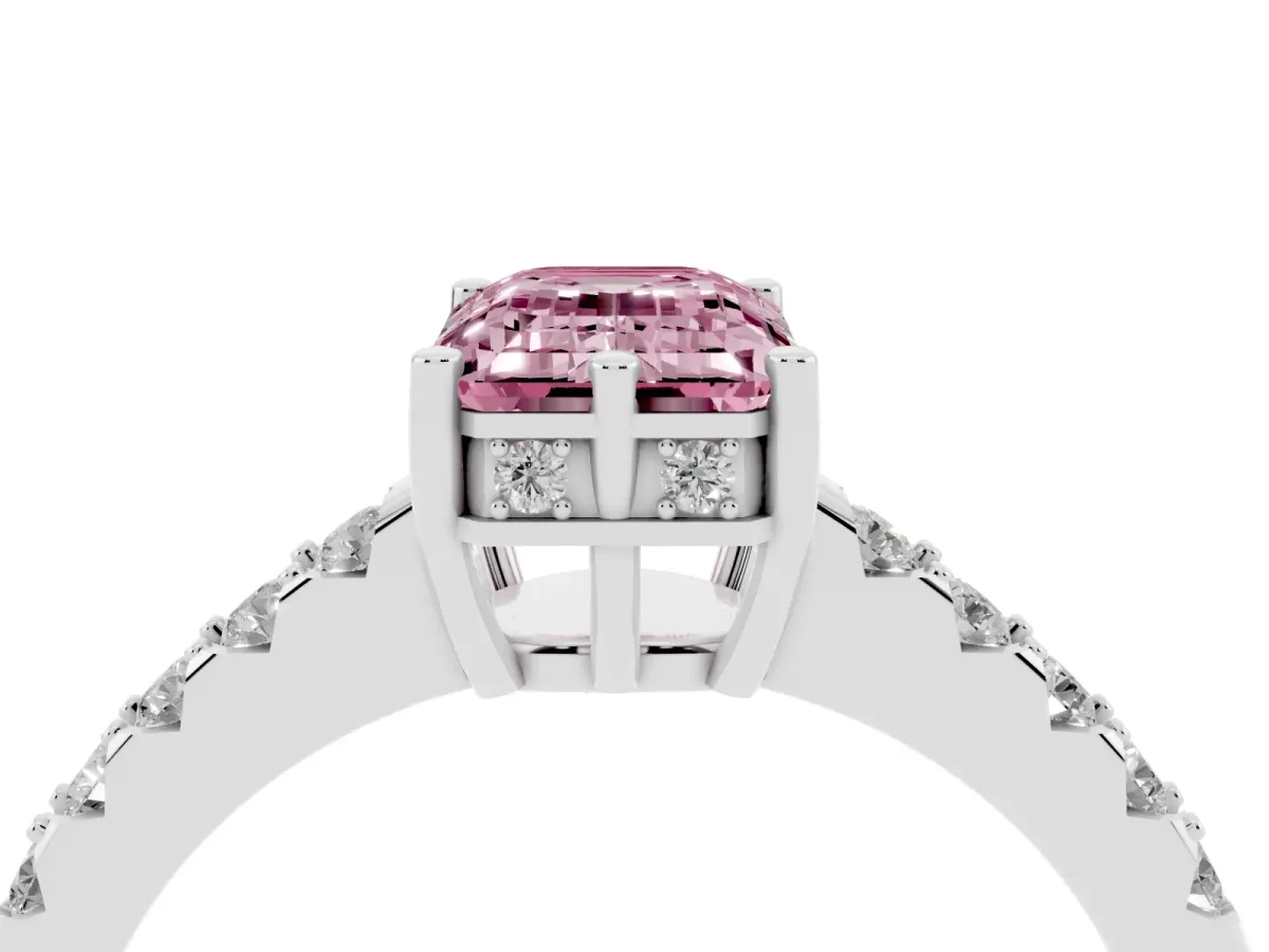 Fancy Pink Emerald Cut Solitaire Diamond Engagement Ring with Pavé Band and Six-Prong Setting Platinum