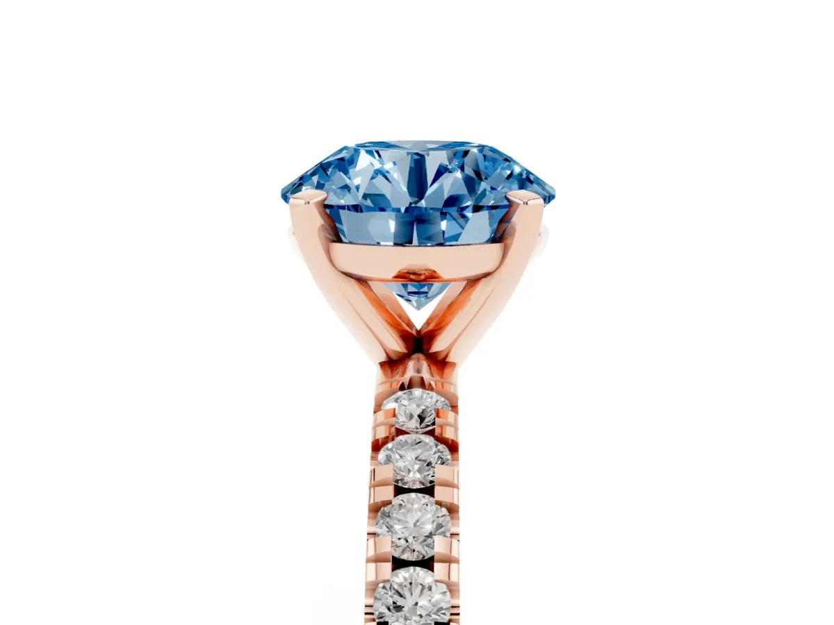 Fancy Blue Round Cut Diamond Pavé Band Solitaire with Four-Prong Setting Rose gold