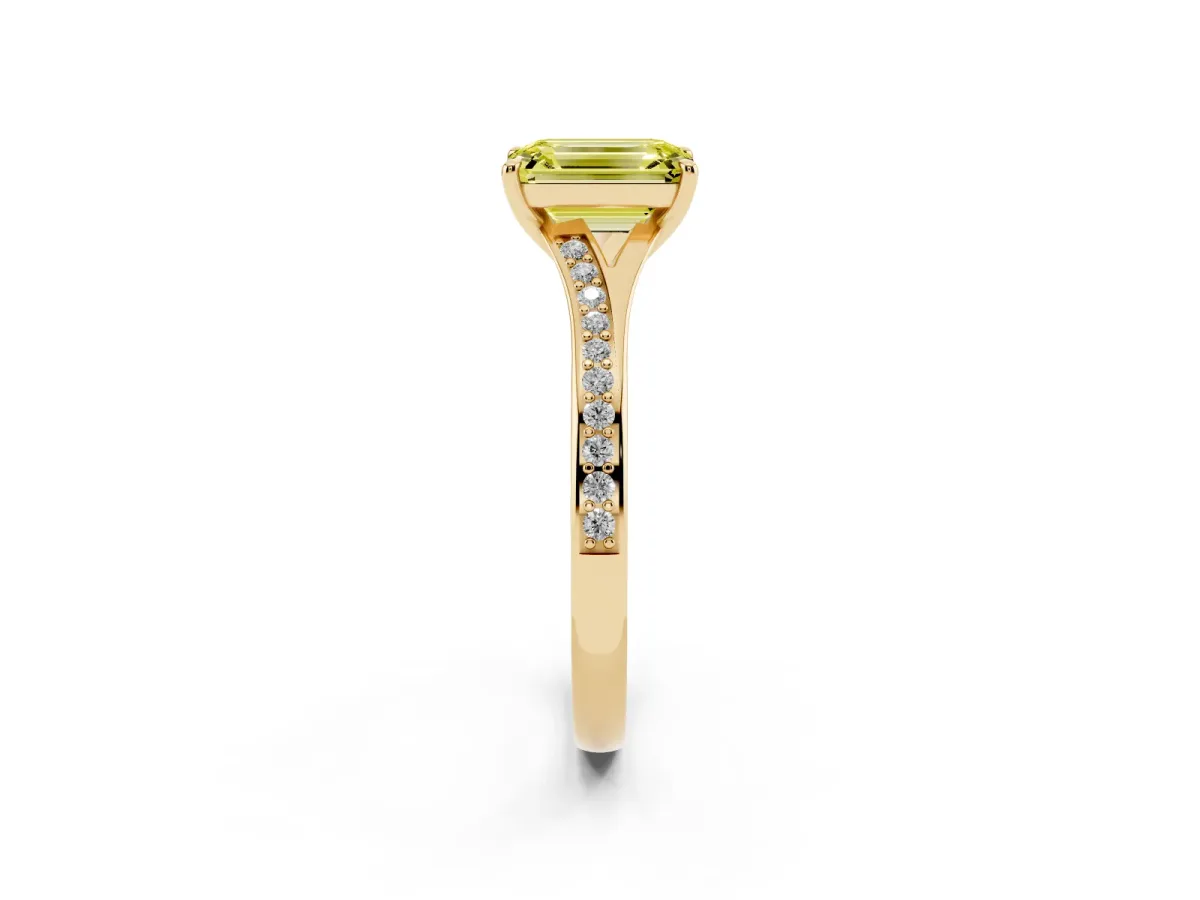 Fancy Yellow Emerald Cut Diamond Solitaire Ring with Pavé Band and Prong Setting Yellow gold