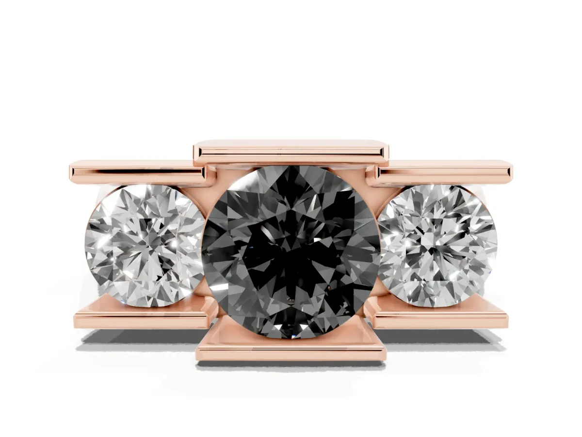 Fancy Black Three Stone Round Cut Cut Channel Set Diamond Ring Rose gold