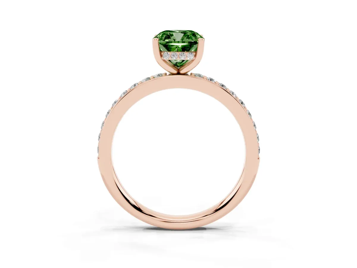 Fancy Green Cushion Cut Cut Diamond Pavé Band Ring with Four-Prong Setting Rose gold