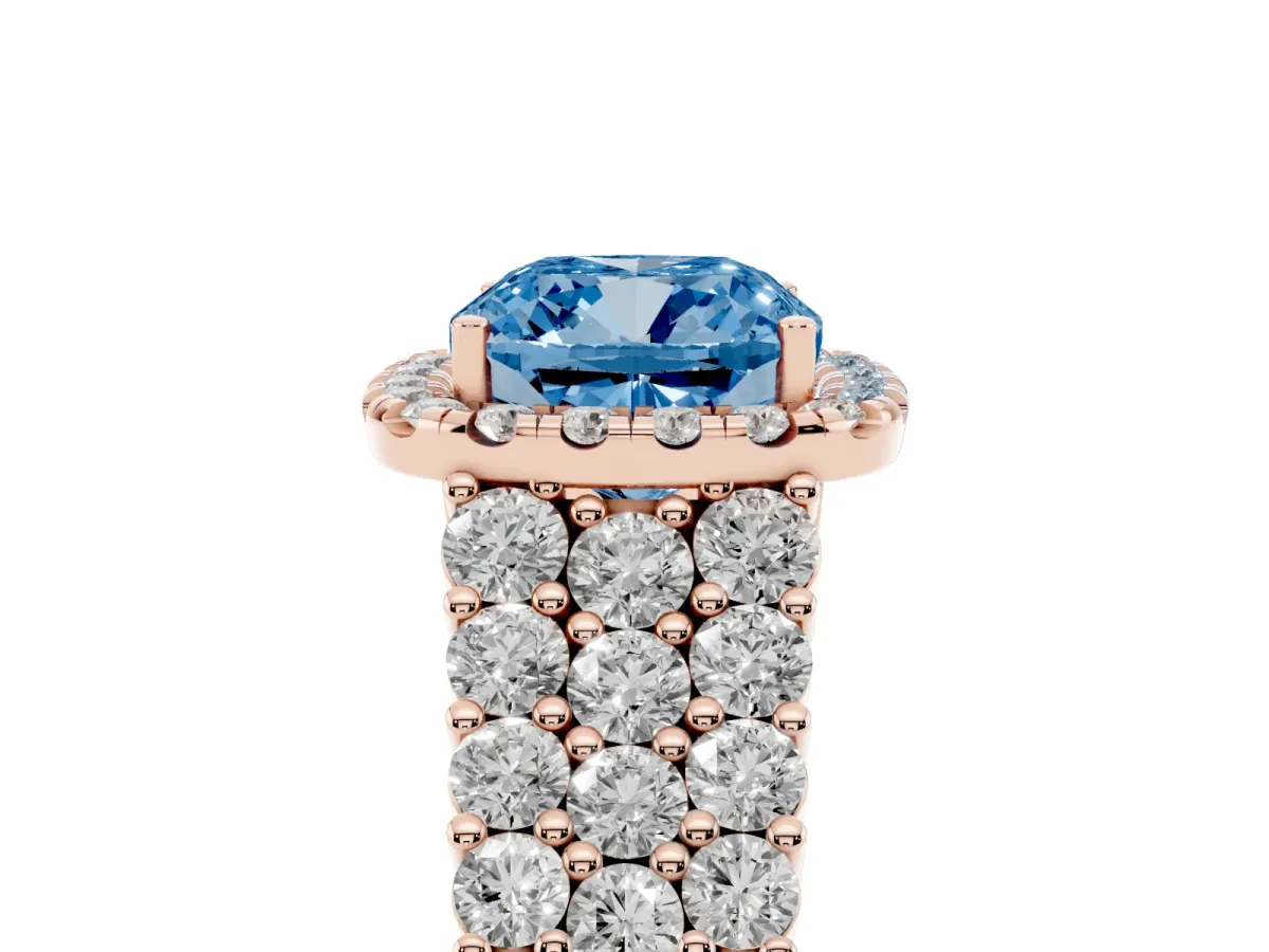 Fancy Blue Cushion Cut Diamond Halo Engagement Ring with Triple Row Round Pavé Band and Prong Setting Rose gold