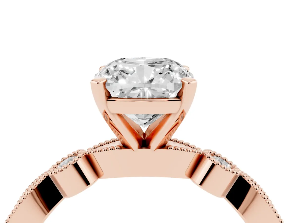 Cushion Cut Milgrain Bezel Diamond Engagement Ring with Solitaire Prong Setting Rose gold