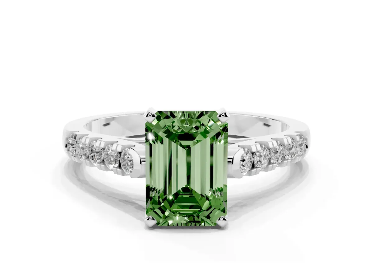 Fancy Green Emerald Cut Diamond Pavé Band Solitaire Ring with Prong Setting Platinum