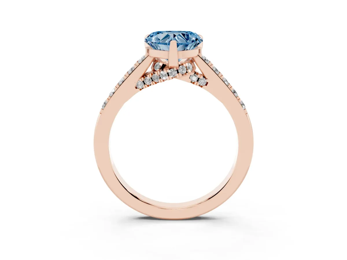 Fancy Blue Heart Cut Diamond Solitaire Ring with Crossover Gallery and Round Pavé Band Rose gold