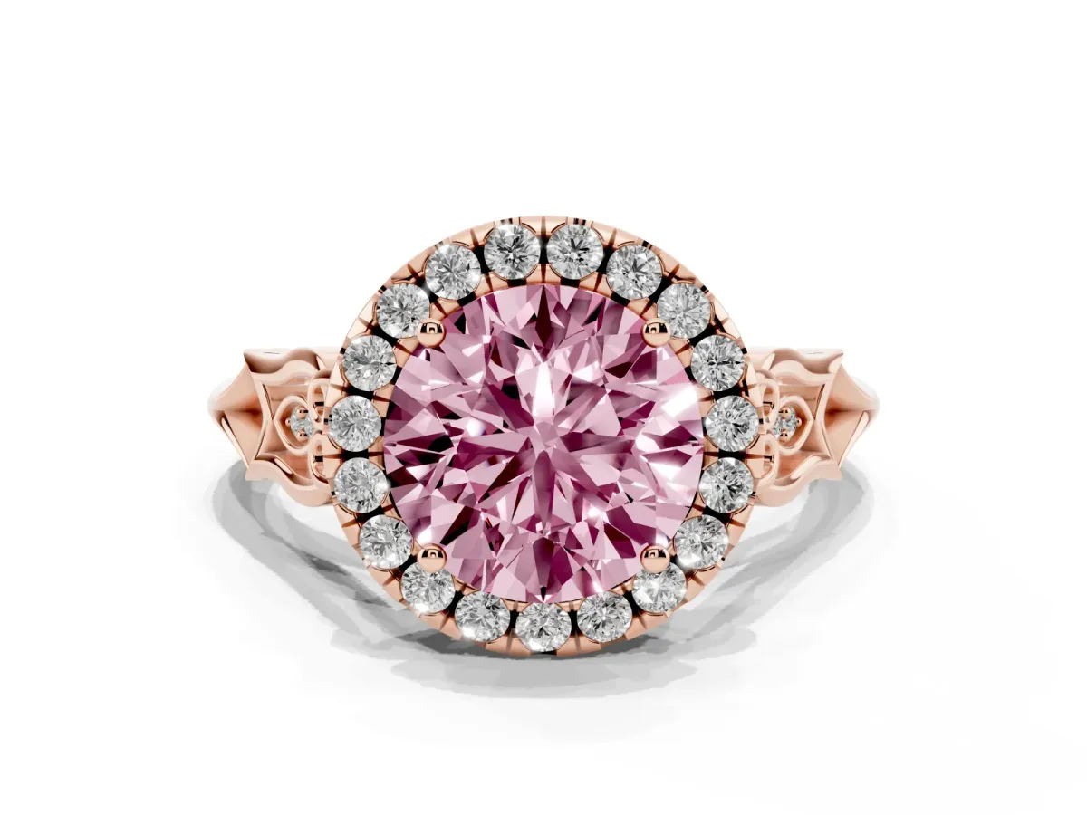 Fancy Pink Round Cut Halo Diamond Engagement Ring with Filigree Band and Four-Prong Setting Rose gold