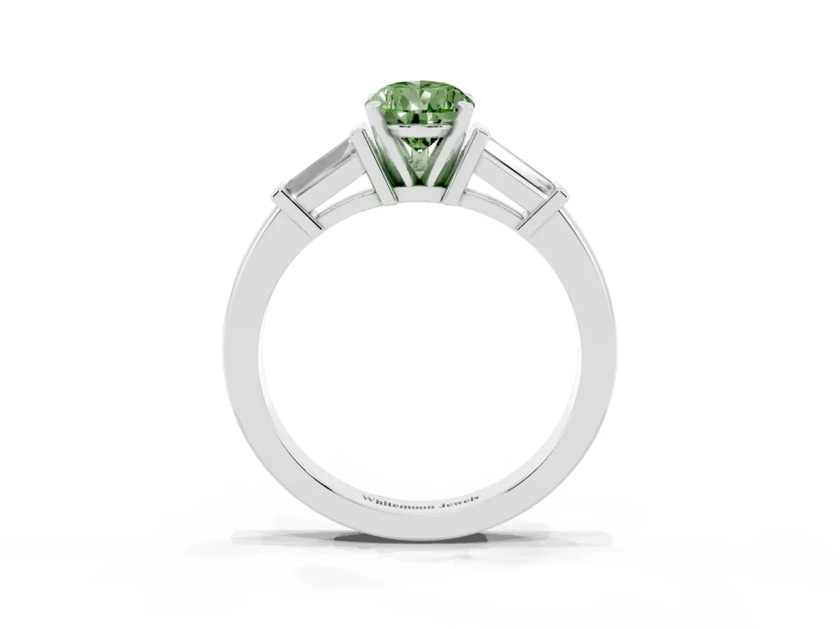 Fancy Green Pear Cut Cut Diamond Solitaire Ring with Tapered Baguette Accents and Four-Prong Setting Silver