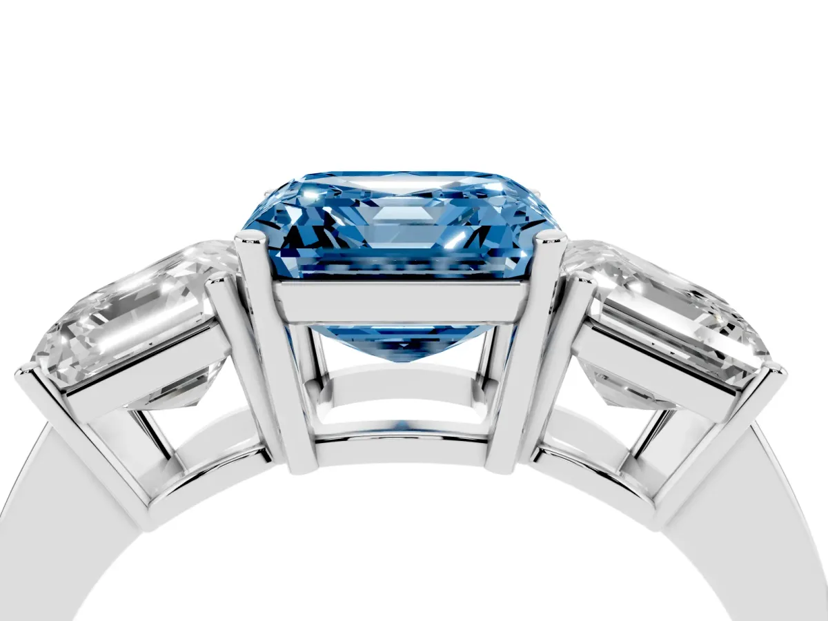 Fancy Blue Three-Stone Asscher Cut Cut Diamond Engagement Ring with Flat Band and Four-Prong Setting Silver