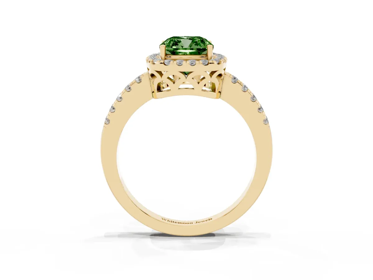 Fancy Green Cushion Cut Halo Diamond Engagement Ring with Pavé Band and Four-Prong Setting Yellow gold