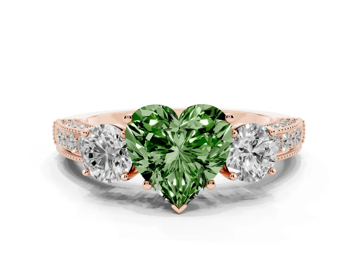 Fancy Green Heart Cut Three-Stone Diamond Ring with Pavé Band and Four-Prong Setting Rose gold