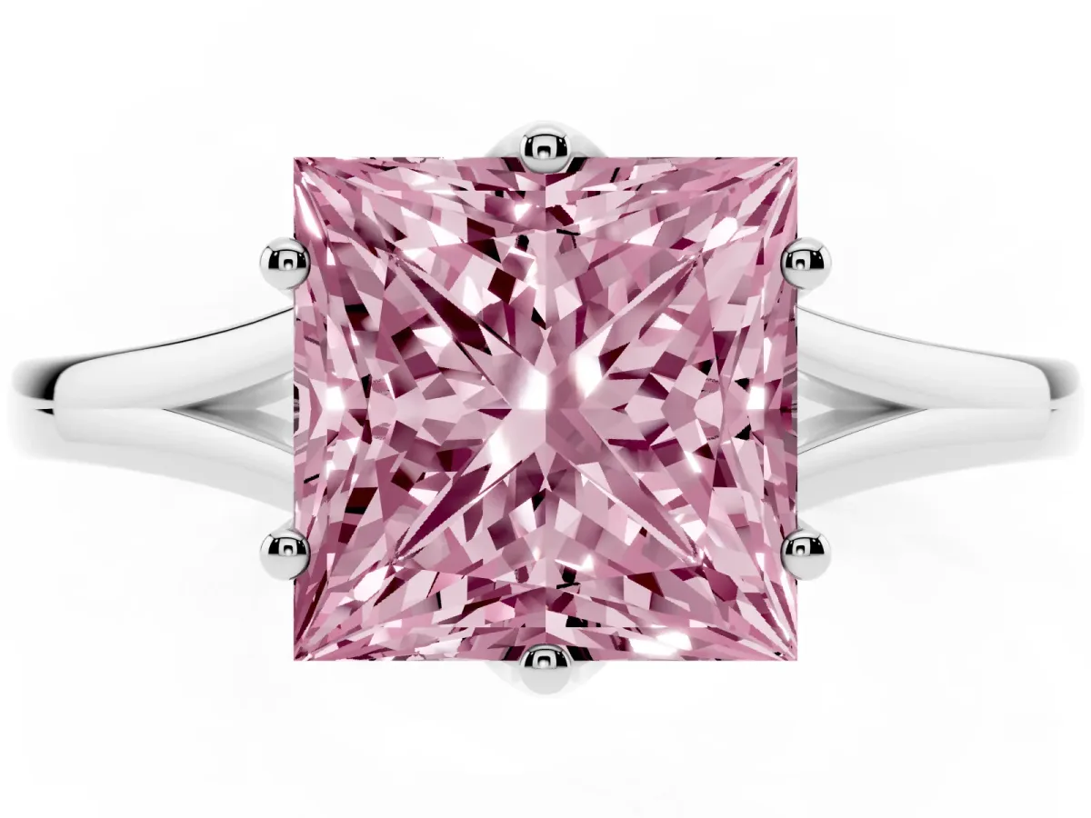Fancy Pink Princess Cut Solitaire Diamond Ring with Six-Prong Setting and Tapered Band White gold