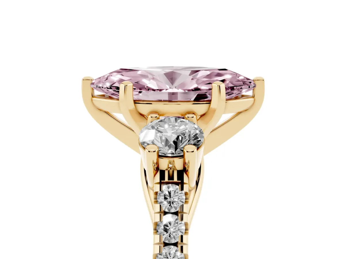 Fancy Pink Three-Stone Marquise Cut Diamond Pavé Band with Four-Prong Setting Yellow gold