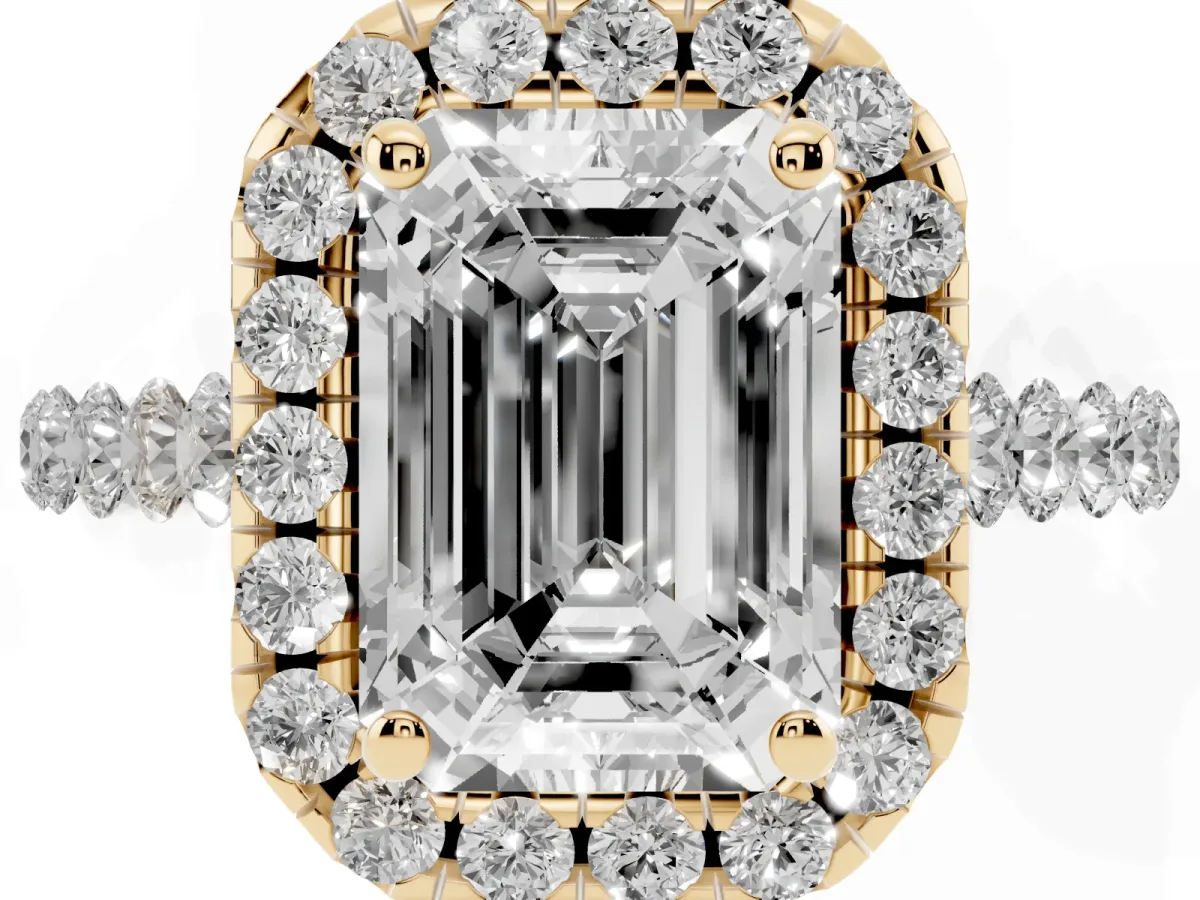 Emerald Cut Halo Pavé Diamond Engagement Ring with Four-Prong Setting Yellow gold