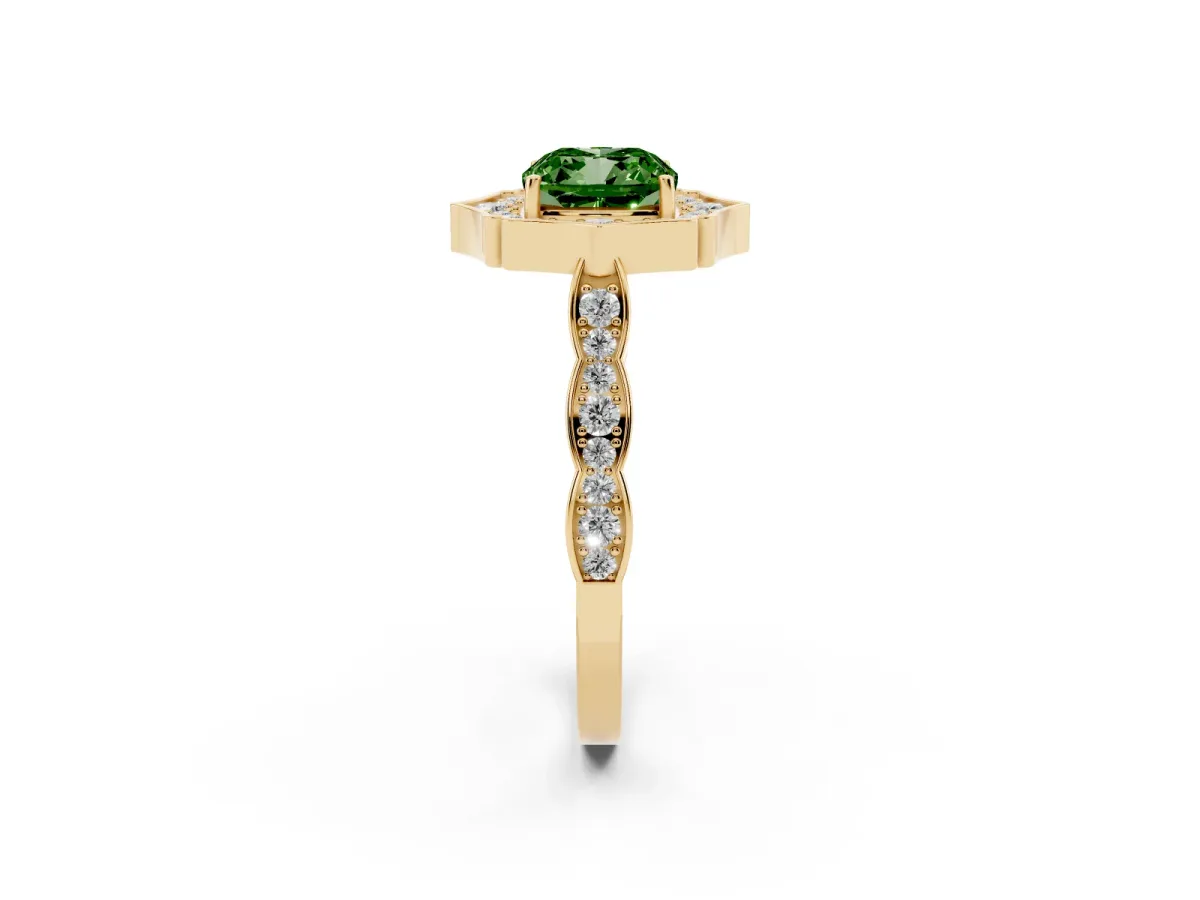 Fancy Green Cushion Cut Halo Diamond Engagement Ring with Milgrain Band and Four-Prong Setting Yellow gold