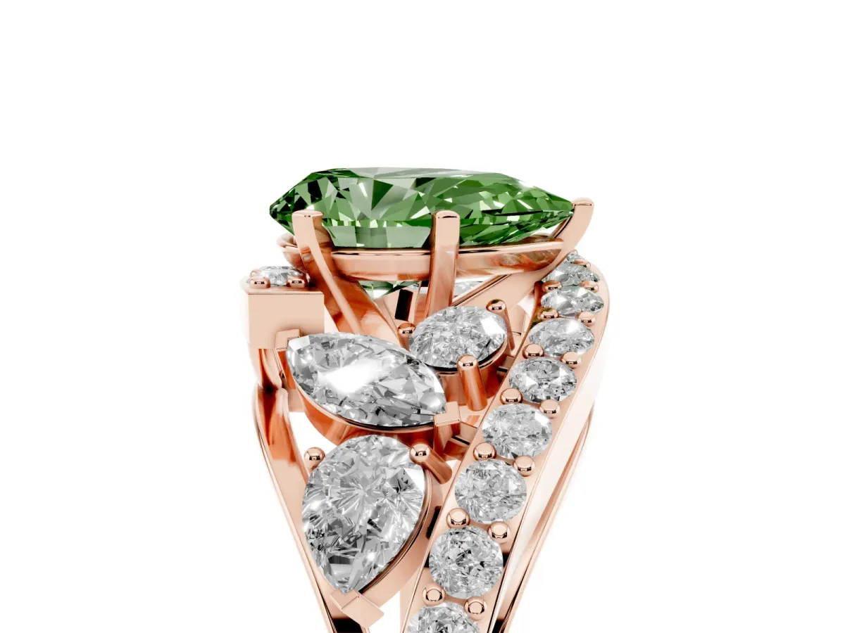 Fancy Green Pear Cut Diamond Halo Ring with Marquise and Pavé Band in Prong Setting Rose gold