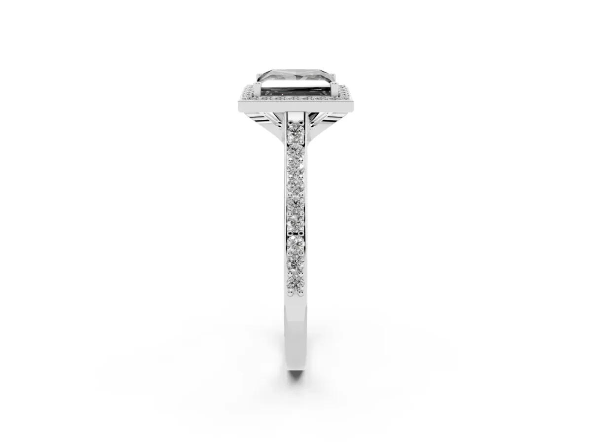 Fancy Black Princess Cut Diamond Halo Engagement Ring with Round Pavé Shoulders and Prong Setting White gold