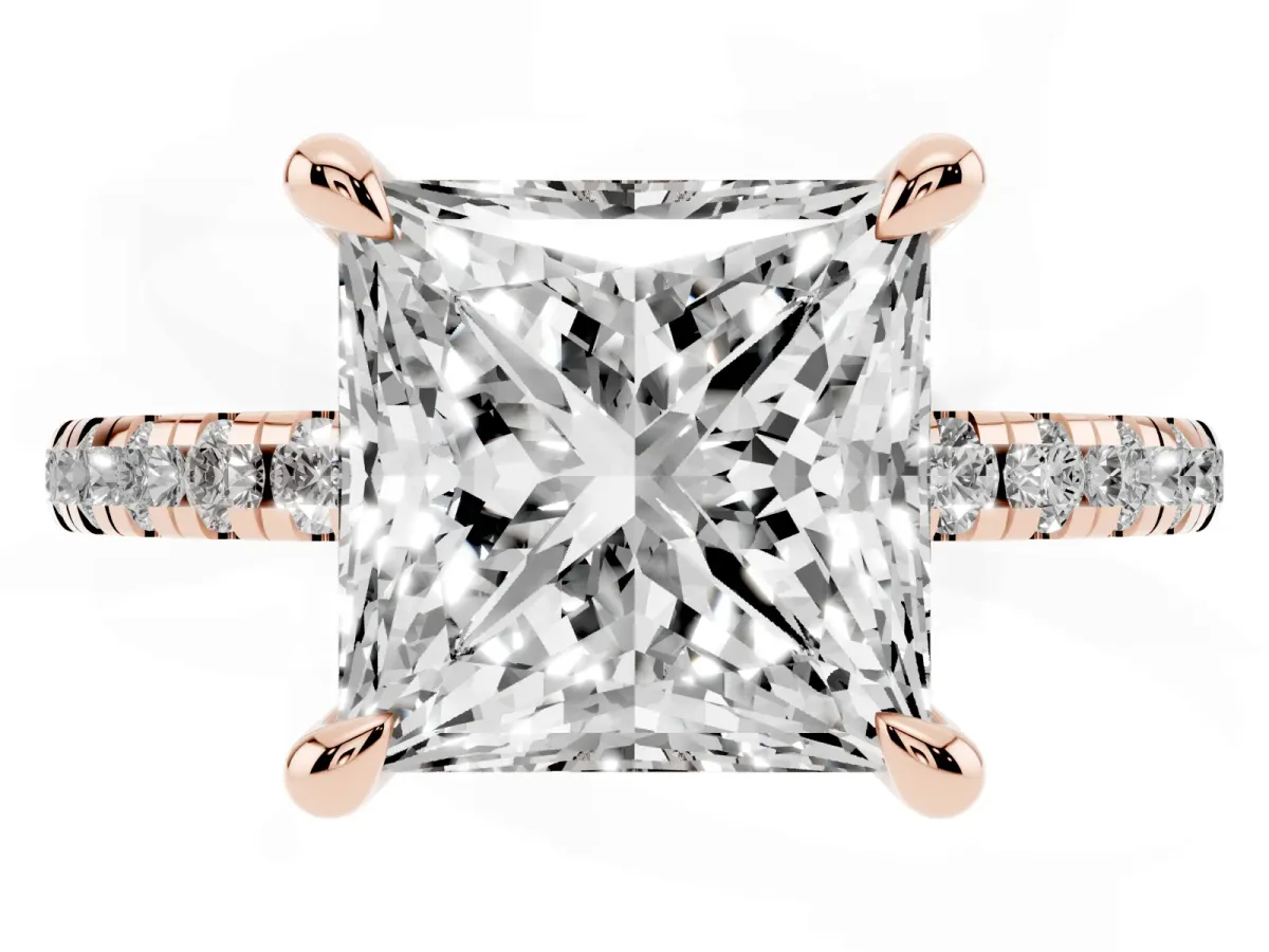 Princess Cut Diamond Brilliant Solitaire Ring with Pavé Band and Four-Prong Setting Rose gold
