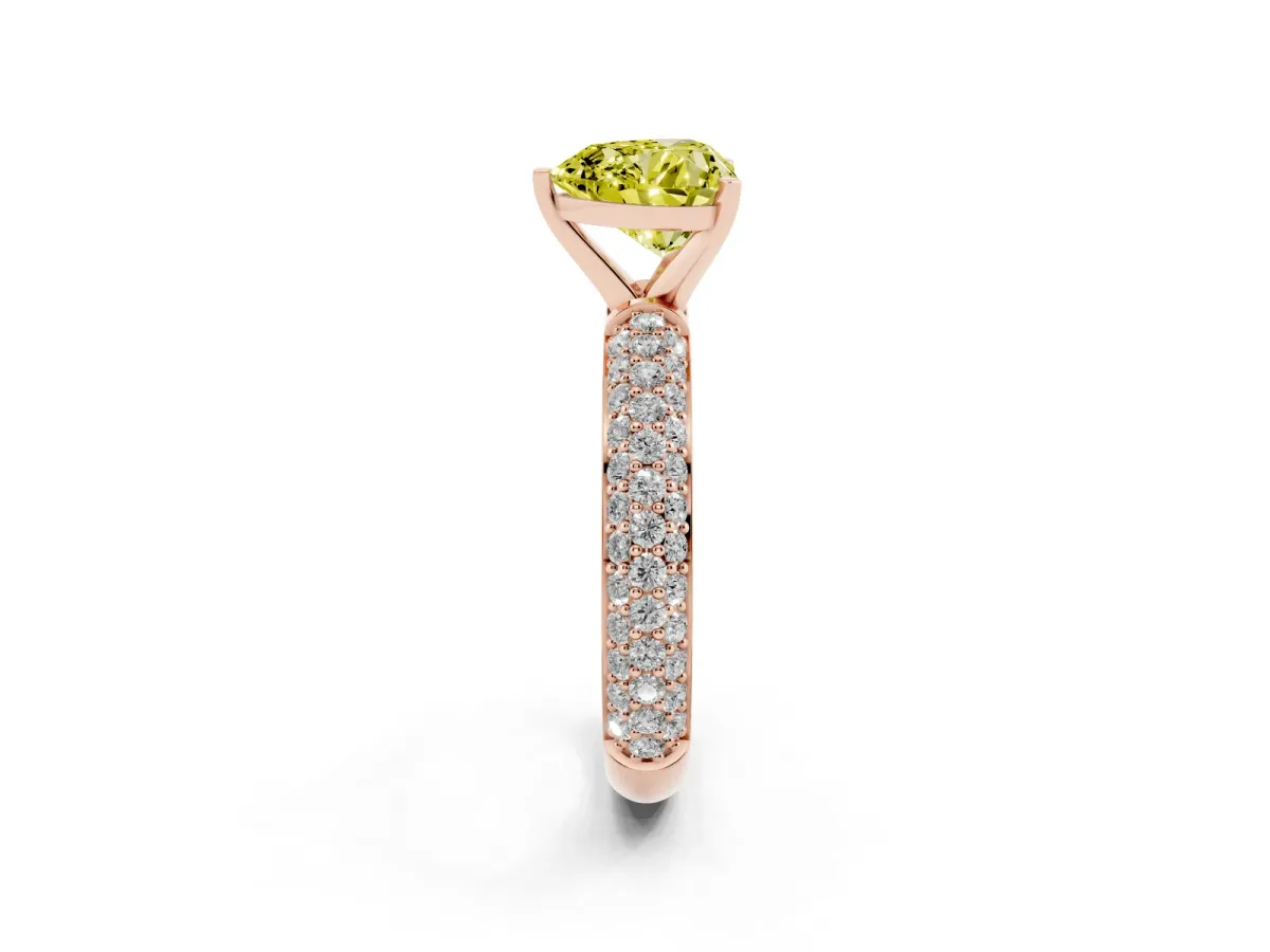 Fancy Yellow Heart Cut Diamond Solitaire Ring with Prong Setting and Pavé Band Rose gold