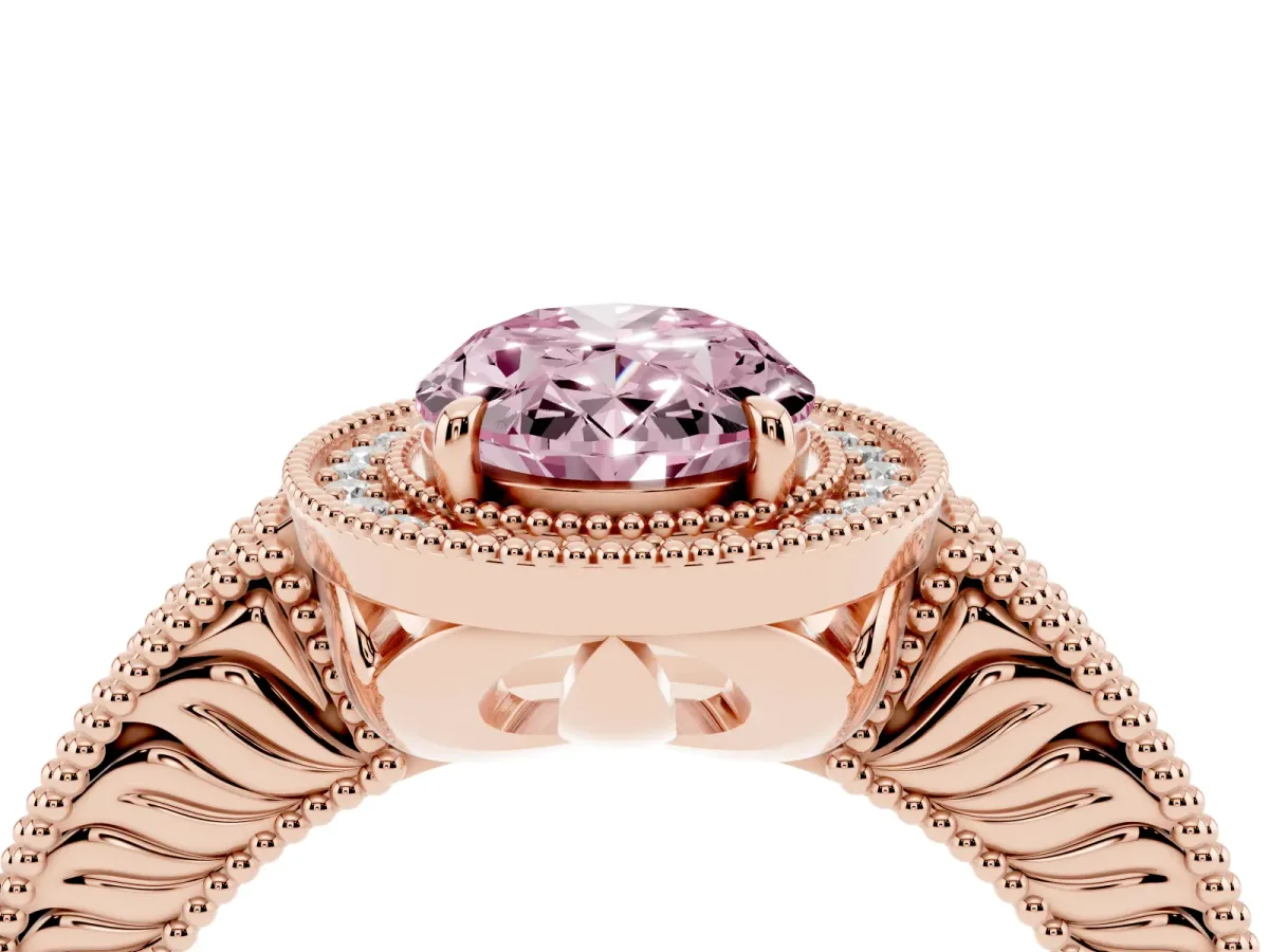 Fancy Pink Oval Cut Cut Halo Diamond Ring with Pavé Band and Four-Prong Setting Rose gold