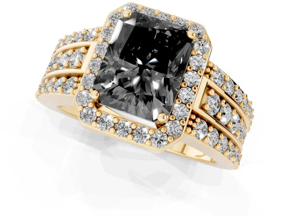 Fancy Black Radiant Cut Halo Diamond Ring with Round Split Shank and Prong Setting Yellow gold