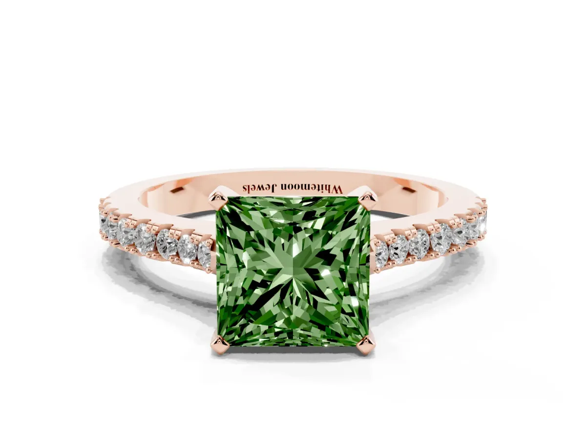 Fancy Green Princess Cut Cut Solitaire Diamond Engagement Ring with Pave Band and Four-Prong Setting Rose gold