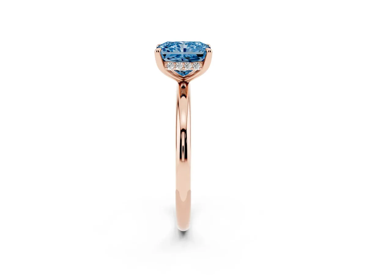 Fancy Blue Radiant Cut Diamond Solitaire Ring with Thin Band and Four-Prong Setting Rose gold