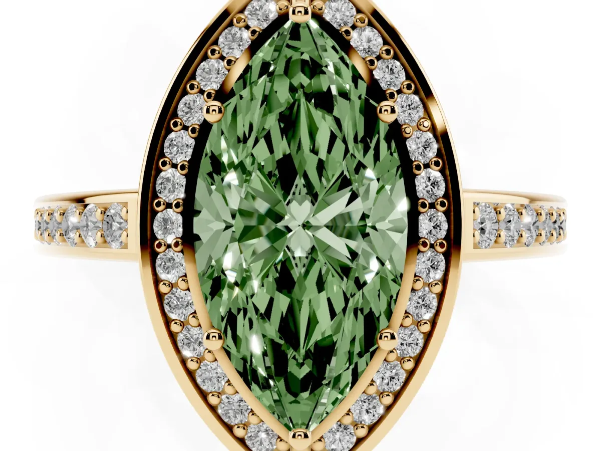 Fancy Green Marquise Cut Cut Halo Pave Split Shank Prong Setting Ring Yellow gold