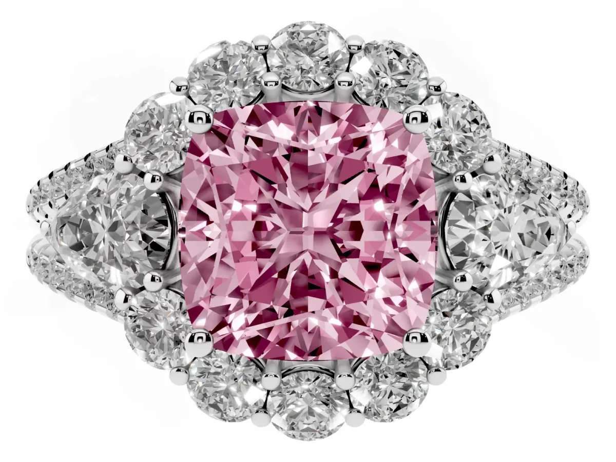 Fancy Pink Cushion Cut Halo Split Shank Diamond Engagement Ring with Prong Setting Platinum