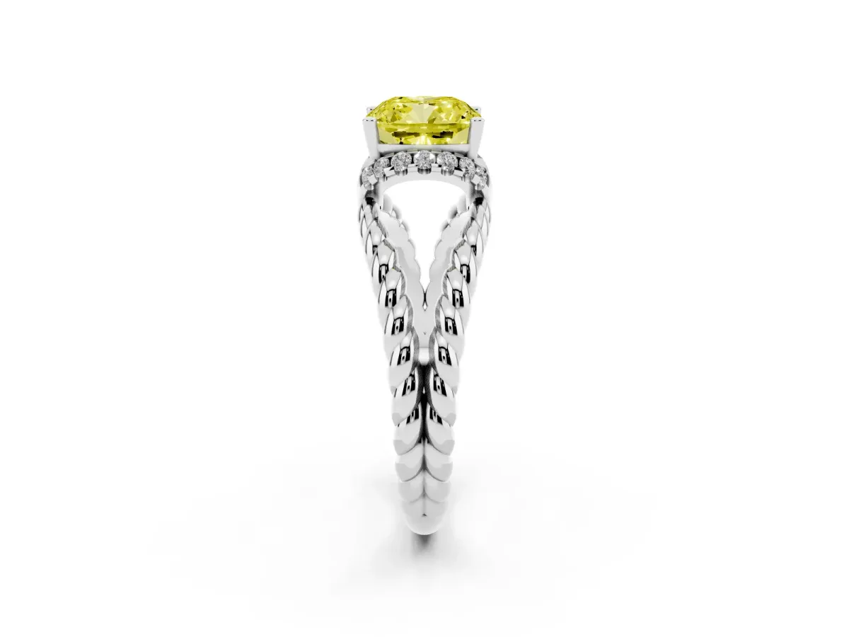 Fancy Yellow Cushion Cut Halo Twisted Band Four-Prong Ring Silver
