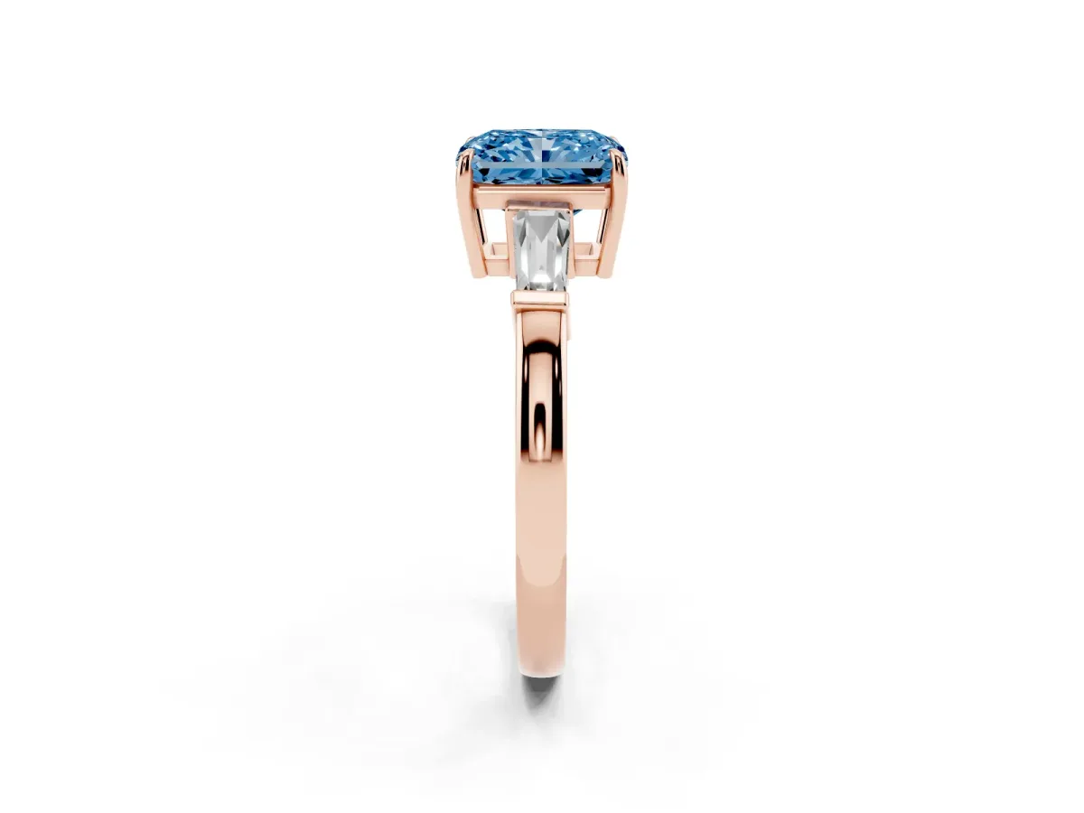 Fancy Blue Radiant Cut Diamond Three-Stone Ring with Tapered Baguette Side Stones and Prong Setting Rose gold
