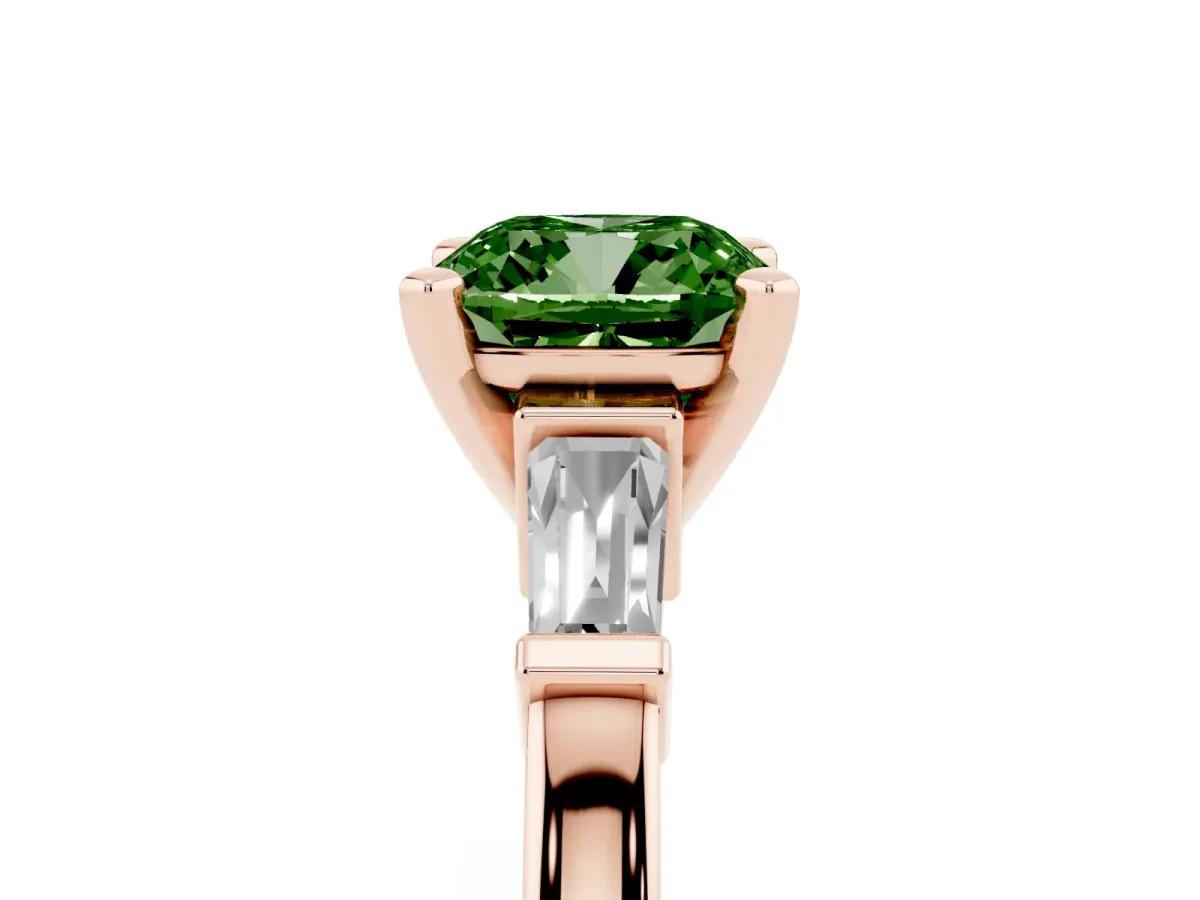 Fancy Green Cushion Cut Cut Diamond Solitaire Ring with Tapered Baguette Accents and Four-Prong Setting Rose gold