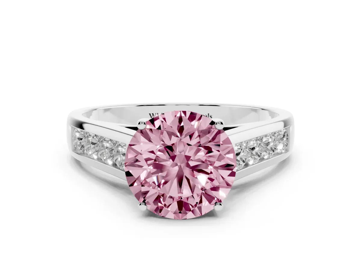 Fancy Pink Round Cut Brilliant Channel-Set Solitaire Ring with Four-Prong Setting Silver