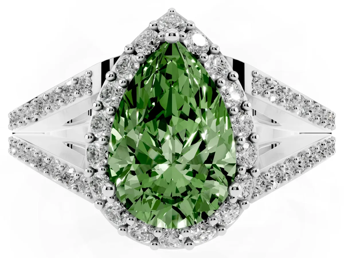 Fancy Green Pear Cut Halo Split Shank Diamond Ring with Prong Setting Silver