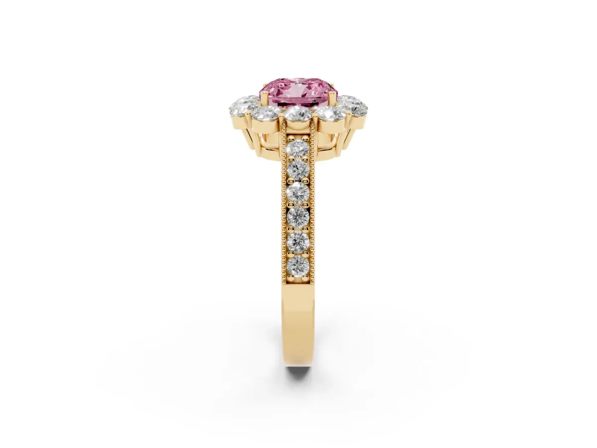 Fancy Pink Cushion Cut Cut Halo Diamond Pavé Engagement Ring with Milgrain Detailing Yellow gold