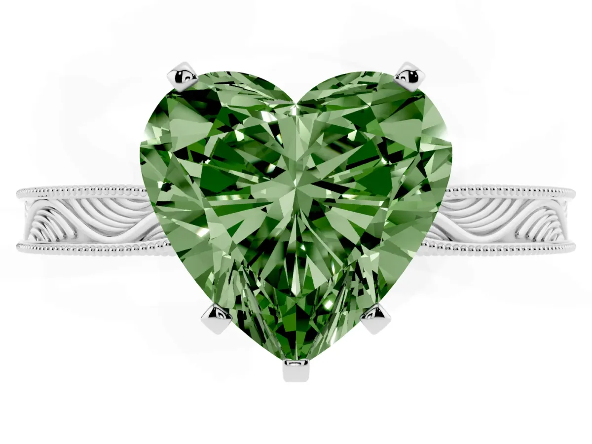 Fancy Green Heart Cut Solitaire Milgrain Engraved Band with Four-Prong Setting Silver