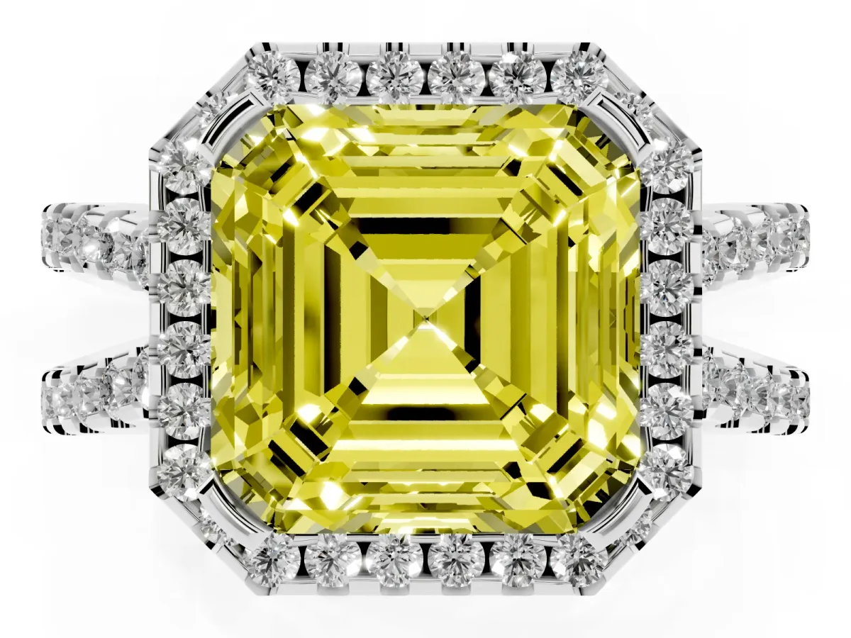 Fancy Yellow Asscher Cut Diamond Halo Ring with Split Shank Pavé Band and Prong Setting Silver