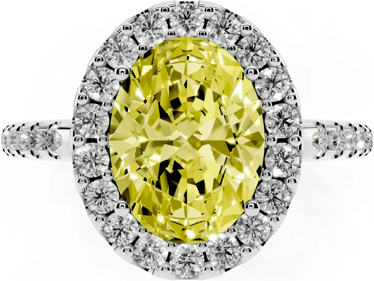 Fancy Yellow Oval Cut Diamond Pavé Halo Ring with Four-Prong Setting Silver