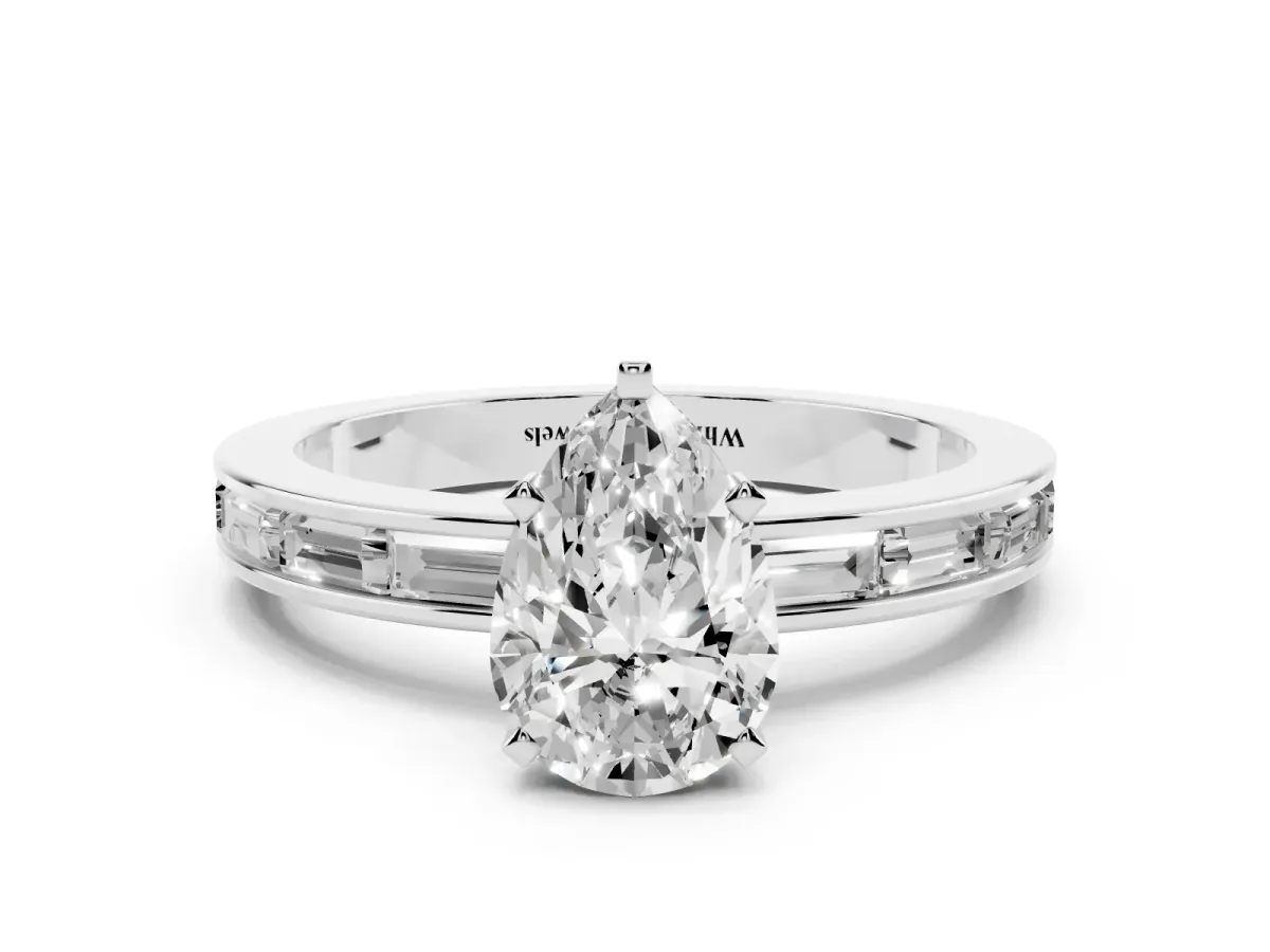 Pear Cut Solitaire Diamond Ring with Channel-Set Baguette Band and Four-Prong Setting White gold
