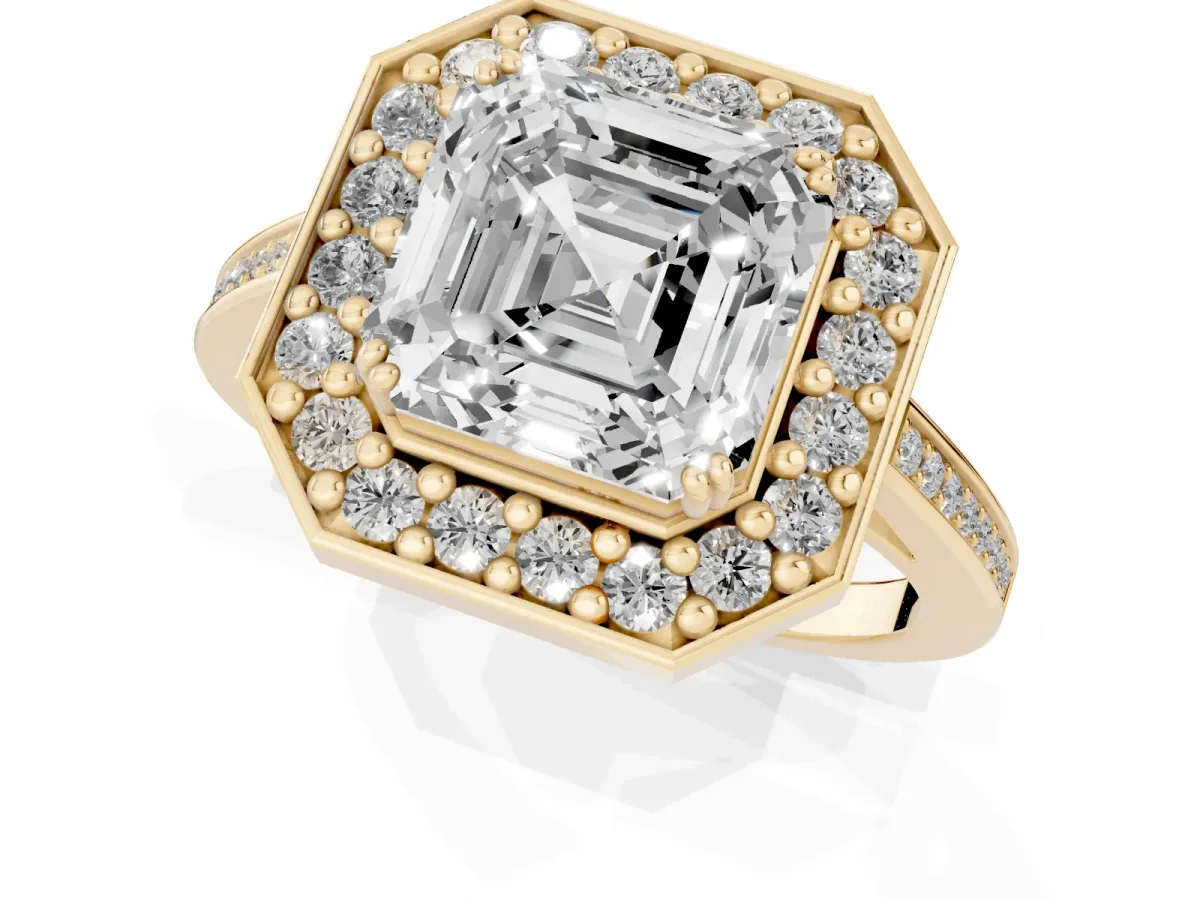 Asscher Cut Diamond Halo Ring with Split Shank and Four-Prong Setting Yellow gold